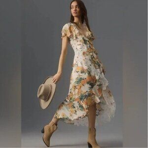 ANTHROPOLOGIE V-Neck Ruffle Lace Floral Hi Low Tiered Slip Dress Size 6 NEW